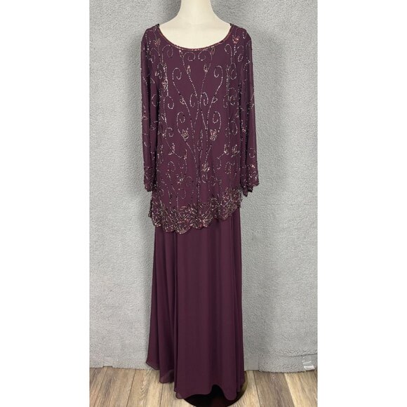 Jkara Plus Size Plum Beaded Evening Gown 3/4 Sleeves Scoop Neckline 24W NWT's - Picture 1 of 8